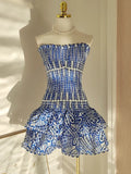 Vintage Dark Blue Pattern Design Strapless Mini Party Dress Homecoming Dress HZ0319