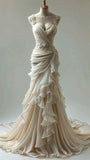 Vintage Sweetheart Mermaid Ruffle Design Beautiful A-Line Chiffon Lace Wedding Dress, HZ0319