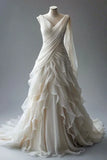 Vintage White V-neck Ruffle Design Beautiful A-Line Chiffon Wedding Dress, HZ0319