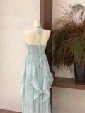 Floral Ruffle Design Halter Dress Elegant A-line Chiffon Evening Party Dress HZ0319