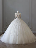 Vintage Sparkling Beaded Ball Gown Design A-Line Long-sleeved Princess Wedding Dress, HZ0319