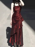 Vintage Burgundy Spaghetti Strap Ruffle Design Elegant A-line Evening Dress Prom Dress HZ0319