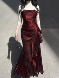 Vintage Burgundy Spaghetti Strap Ruffle Design Elegant A-line Evening Dress Prom Dress HZ0319