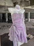 Retro Light Purple A-line Spaghetti Strap Short Lilac Homecoming Dress 17th Birthday Dress HZ0319