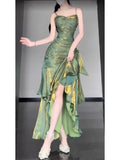 Vintage Green Spaghetti Strap Ruffle Design Elegant A-line Satin Evening Dress Prom Dress HZ0319