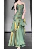 Vintage Green Spaghetti Strap Ruffle Design Elegant A-line Satin Evening Dress Prom Dress HZ0319