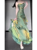 Vintage Green Spaghetti Strap Ruffle Design Elegant A-line Satin Evening Dress Prom Dress HZ0319
