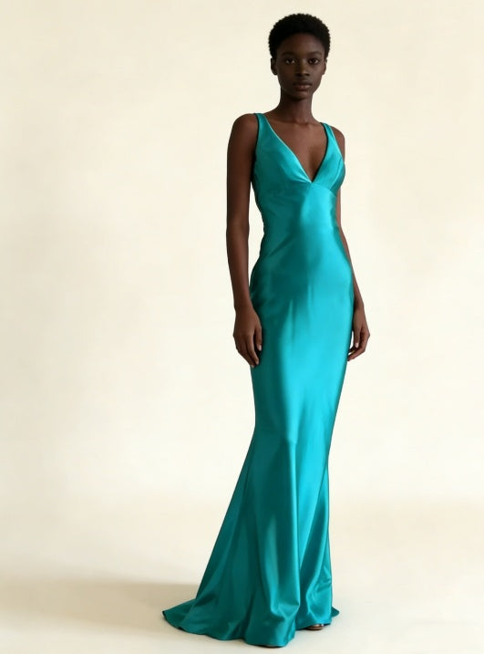 Turquoise V Neck Backless Mermaid Satin Long Formal Party Dress, HZ0319