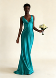 Turquoise V Neck Backless Mermaid Satin Long Formal Party Dress, HZ0319