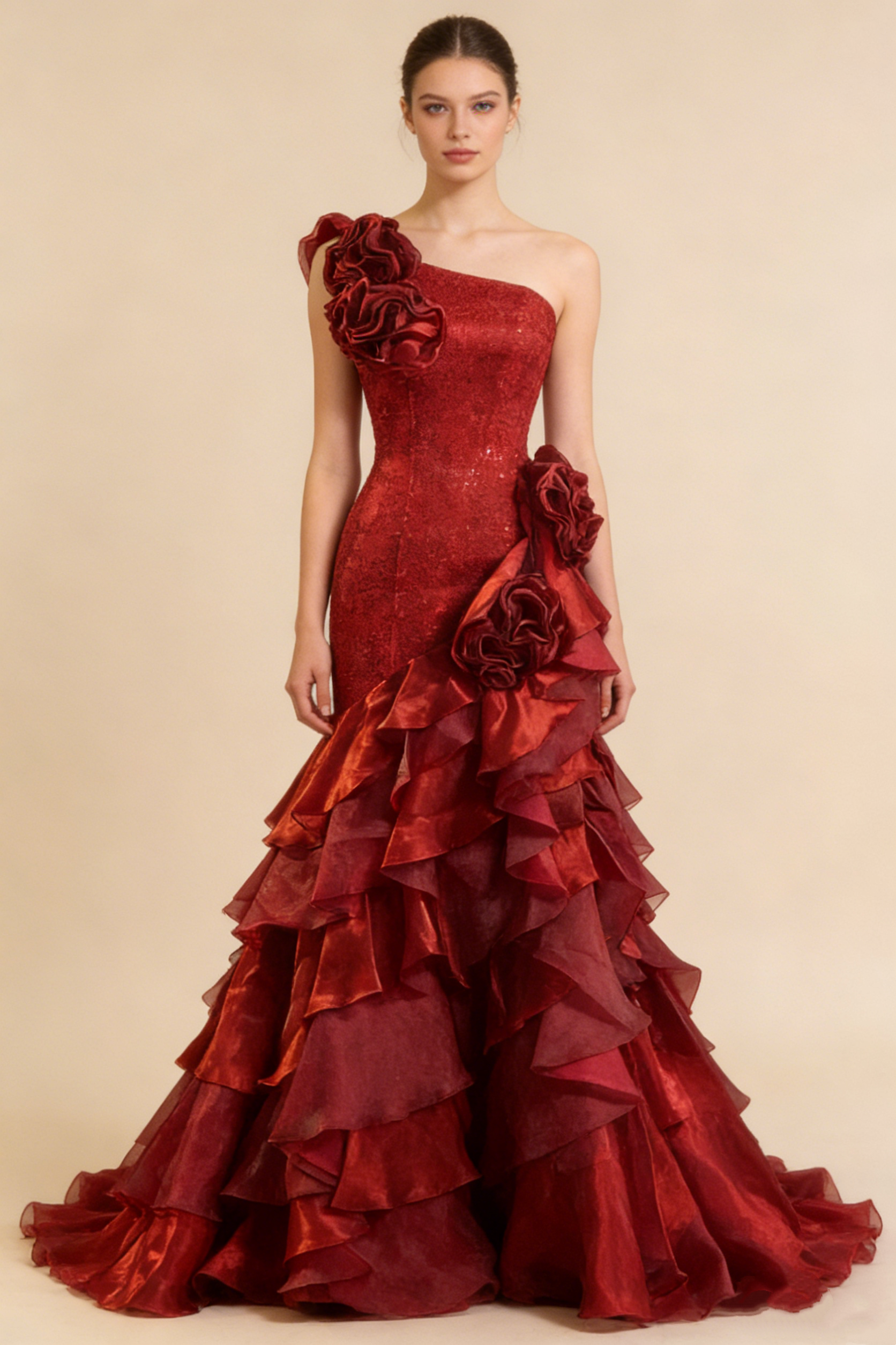 Vintage One - Shoulder 3D Floral Sheath Tiered Train Evening Dress Wedding Dress HZ0319