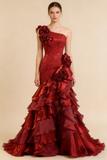 Vintage One - Shoulder 3D Floral Sheath Tiered Train Evening Dress Wedding Dress HZ0319