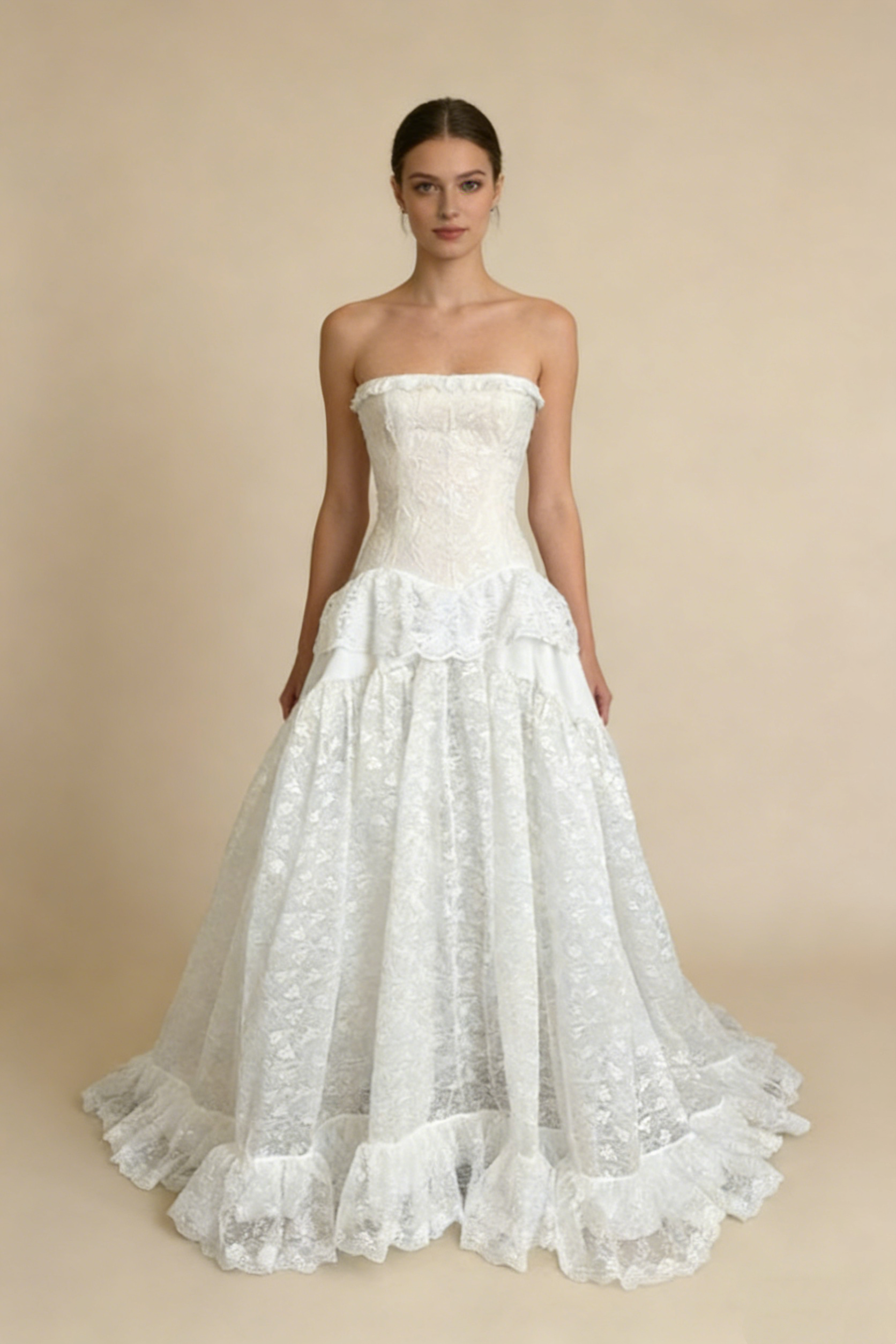 White Strapless A-Line Lace Long Party Dress Vintage Wedding Dress, HZ0319