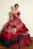 Wine Red Strapless A-Line Lace Floral Long Prom Dress Evening Ball Gown Sweet16 Dress, HZ0319