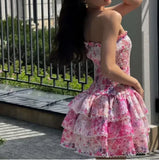 Cute Floral Strapless Design A-line Tiered Party Dress Homecoming Dress HZ0319
