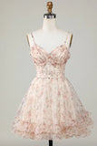 New Fashion Champagne Floral Design A-line Corset Spaghetti Strap Short Homecoming Dress, HZ0319
