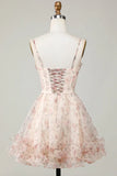 New Fashion Champagne Floral Design A-line Corset Spaghetti Strap Short Homecoming Dress, HZ0319