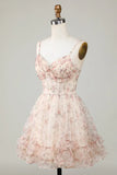 New Fashion Champagne Floral Design A-line Corset Spaghetti Strap Short Homecoming Dress, HZ0319