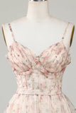 New Fashion Champagne Floral Design A-line Corset Spaghetti Strap Short Homecoming Dress, HZ0319