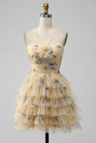 Vintage Yellow Floral Design A-line Spaghetti Strap Tiered Homecoming Dress, HZ0319