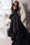 Retro Black Sweetheart Irregular Ruffle Hem Lace Gloves Design Elegant A-Line Satin Evening Dress Prom Dress HZ0319