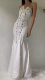 Pretty White Strapless Mermaid Beaded Chic Long Evening Party Dresses, HZ0319