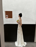 Elegant White Spaghetti Straps A-Line Flower Long Evening Party Dresses, HZ0319