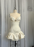 Vintage Beige Spaghetti Strap A-line Satin Lace-up Short Party Dresses Homecoming Dresses, HZ0319
