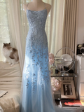 Retro Light Blue Applique Backless Design Romantic Chiffon Evening Dress Prom Dress HZ0319