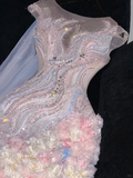 Gorgeous Sparkling Beaded Sequin Mermaid 3D Flowers Design Tulle Evening Dress Prom Dresses HZ0319