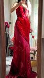 Vintage Red Sparkling Sequin Spaghetti Strap Design Elegant Chiffon Evening Dress Prom Dresses HZ0319