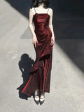 Vintage Burgundy Spaghetti Strap Ruffle Design Elegant A-line Evening Dress Prom Dress HZ0319