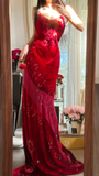 Vintage Red Sparkling Sequin Spaghetti Strap Design Elegant Chiffon Evening Dress Prom Dresses HZ0319