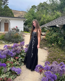Black Spaghetti Straps A-Line Beading Vintage Long Evening Party Dress, HZ0319