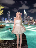Cute Beige Sequin Ruffled Hem Design A-line Satin Strapless Party Dress Homecoming Dress, HZ0319