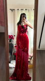 Vintage Red Sparkling Sequin Spaghetti Strap Design Elegant Chiffon Evening Dress Prom Dresses HZ0319