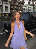 Simple Purple V-neck Halter Dress Design A-line Tulle Party Dress Homecoming Dress, HZ0319