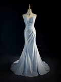 Light Blue Spaghetti Straps Mermaid Appliques Satin Long Evening Party Dresses, HZ0319