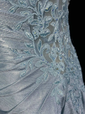 Light Blue Spaghetti Straps Mermaid Appliques Satin Long Evening Party Dresses, HZ0319