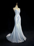 Light Blue Spaghetti Straps Mermaid Appliques Satin Long Evening Party Dresses, HZ0319