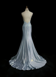 Light Blue Spaghetti Straps Mermaid Appliques Satin Long Evening Party Dresses, HZ0319
