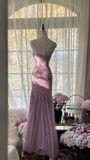 Lilac Spaghetti Straps Mermaid Beading Long Evening Dresses Birthday Outfits, HZ0319