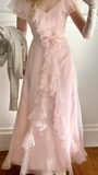 Lovely Light Pink A-Line Chiffon Ruffles Long Party Dress Birthday Outfits, HZ0319