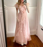 Lovely Light Pink A-Line Chiffon Ruffles Long Party Dress Birthday Outfits, HZ0319