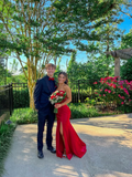 Elegant Red Strapless Mermaid Split Long Party Dress Evening Gown, HZ0319