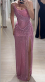 Elegant Pink Strapless Mermaid Split Long Party Dress Evening Gown, HZ0319