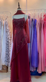 Burgundy Straps A-Line Beaded Chiffon Vintage Long Evening Party Dresses, HZ0319