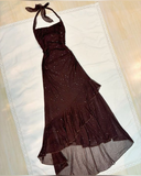 Vintage Brown Halter Neck Sheath Chiffon Long Evening Party Dresses, HZ0319