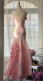 Vintage Pink Straps Mermaid Chiffon Beading Long Evening Party Dresses, HZ0319
