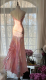 Vintage Pink Straps Mermaid Chiffon Beading Long Evening Party Dresses, HZ0319