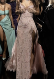 Elegant Pink Straps Sheath Tulle Split Long Formal Evening Dresses Party Drersses, HZ0319
